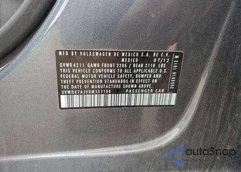 2013 Volkswagen Jetta Se из США, поврежденный, VIN 3VWDX7AJ5DM357199